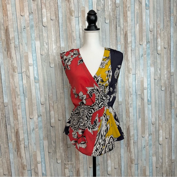 Anthropologie XS Baraschi Floral V Neck Anila Peplum Blouse Tank Top Faux Wrap - Picture 2 of 8